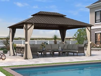 PURPLE LEAF 12’ X 16’ Outdoor Hardtop Gazebo Metal Frame Galvanized Steel Double Roof with Curtains and Nettings for Patio Desk Backyard Bronze