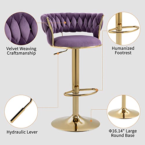 Kivenjaja Velvet Woven Bar Stools Set Of 2, Modern Height Adjustable Swivel Barstools Counter Chairs With Back & Golden Metal Base For Pub, Kitchen, Cafe (Purple) #TOP3