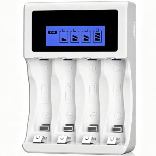 BONAI LCD Cargador Pilas Recargables de AA AAA Ni-MH, 4 Ranuras Independientes, Universal Cargador Pilascon con Pantalla LCD (Puerto USB)