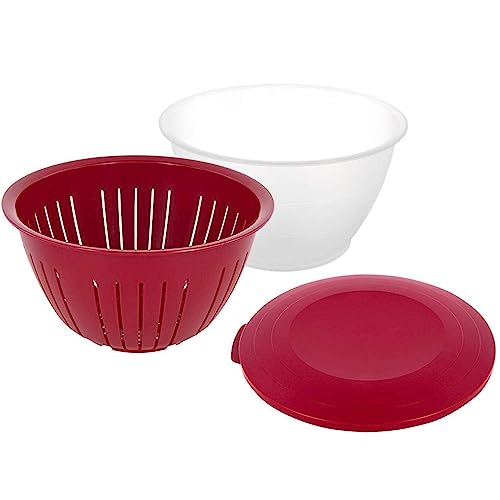 Westmark Vorratsdose/Servier-Schüssel mit Deckel und Sieb/Seiher, 3 teilig, Fassungsvermögen: 4,4 Liter, Kunststoff, BPA-frei, Olympia, Farbe: Transparent/Rot, 2418227R