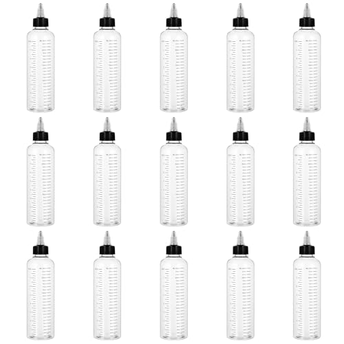 Pafeooui 15 Pack Applicator Bottles for Hair, 8.5oz Hair Dye Plastic Squeeze Bottle with Twist-On Top Tip Cap and Clear Graduated Scale