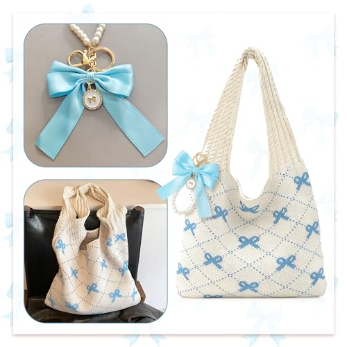 Image of JeVenis Pink Crochet Tote Coquette Bow Aesthetic Hobo Bag for Women Beach Mesh Knitted Shoulder Bag Boho Shoulder Handbag