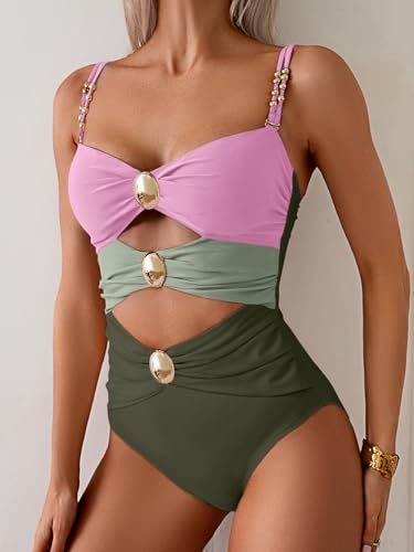Image of B2prity Cutout One Piece Swimsuit Tummy Control Ruched Monokini Color Block Bathing Suit for Cruise Vacation