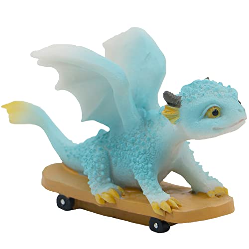 KEEPKAP Dragon Statue Mini Dragon Figurine, Resin Home Decor, Cute Ornaments, Lucky Animal Garden Statue for Micro Landscape (Dragon on Skateboard)