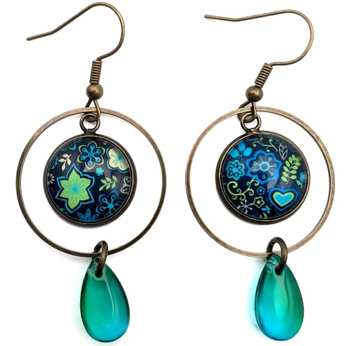 Boucles d Oreilles Pendantes Femme Cabochon Verre Bronze Fleurs Bleu Vert Anis Bijou Bohème Cercle Pampille Turquoise Cadeau Femme