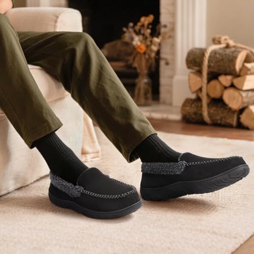 Image of Men's Moccasin House Slippers Memory Foam Suede Plush Indoor Bedroom Shoes | Fuzzy Non-Slip Warm Winter Comfy Cowboy Slippers for Indoor Outdoor Home Dad Husband Grandpa Gifts Black Brown Grey
