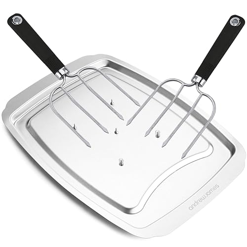 Andrew James Stainless Steel Meat Carving Tray with Spikes & Fork Set – Non-Slip Grip, Heavy-Duty Carving Board for Meat, Poultry & BBQ – Includes Safety Guards & Lipped Rim (Carving Forks with Tray)