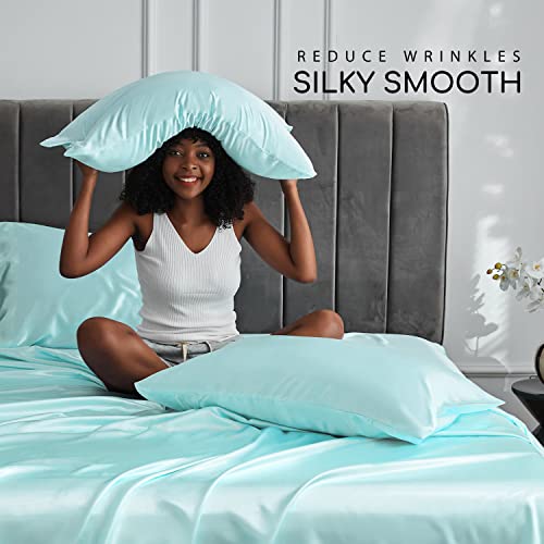 Image of MR&HM Satin Bed Sheets, Queen Size Sheets Set, 4 Pcs Silky Bedding Set with 15 Inches Deep Pocket for Mattress (Queen, Turquoise)