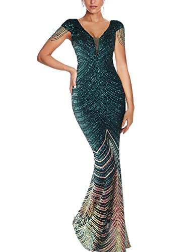 Image of Women 1920s Plus Size Formal Dress Tassels Sleeve Sequins Gatsby Maxi Evening Gown