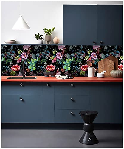Haokhome 93153 Wild Spring Peel And Stick Wallpaper Bouquet Botanical Floral Black/Green/Pink Removable Stick On Home Decor 17.7In X 32.8Ft #TOP1