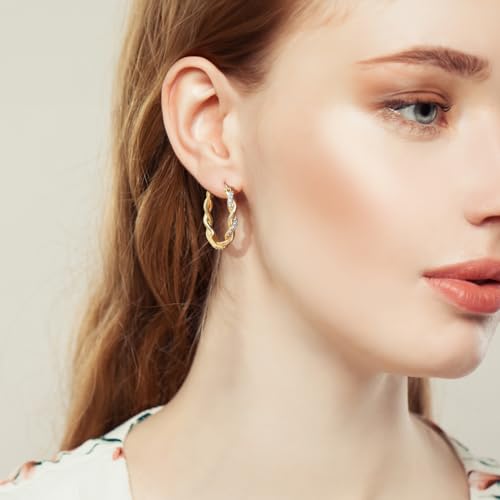 ENROSE Gold Hoop Earrings 14K Gold Earring for Women Twisted Large Hoop Earrings Minimalist Diamond Earring Jewelry 29mm*4mm2