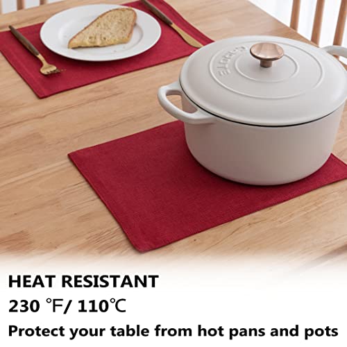 Demetex Red Placemats Set Of 4 Place Mats Burlap Wipeable Heat Resistant Cloth Placemats For Dining Table Restaurants Holiday, 13 X 19 Inches, Wine Red #TOP5