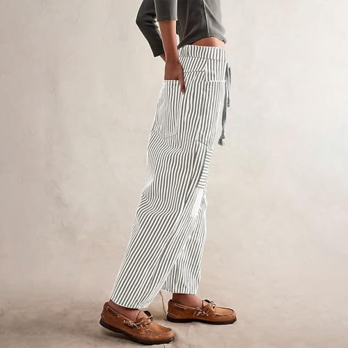 Women Striped Barrel Pants Drawstring Elastic Waist Patched Wide Leg Cord Pants Baggy Trousers with Pockets3