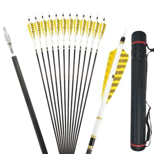 ZSHJGJR 32 Zoll Carbonpfeile für Bogenschießen Spine 250-600 12/6 pcs Bogenpfeile mit 4" natürliche Feder Pfeile für Sportbogen Recurvebogen und Compoundbogen (Spine 300, 12p+Köcher)