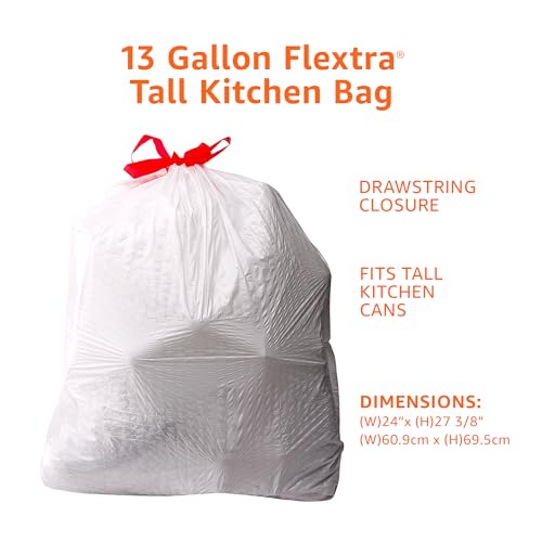 Amazon Basics 13 Gallon Flextra Strength Tall Kitchen Drawstring Trash Bags, Tear Resistant, Clean Fresh Scent, 10% Recycled Content, 50 Count