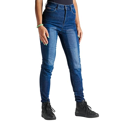 Bikers Gear Australia BGA - Pantalones vaqueros de motocicleta para mujer, pantalones de moto Kevlar, elásticos, lavado a la piedra, con armadura extraíble para cadera y rodilla, azul, 46