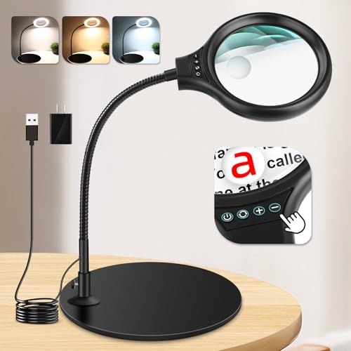 10X 20X Desk Magnifying Glass with Light and Stand, Magnifying Lamp with 3 Color Modes Lighted Magnifying Light for Crafts Hands Free, Head Button Reading Magnifier for Books Sewing