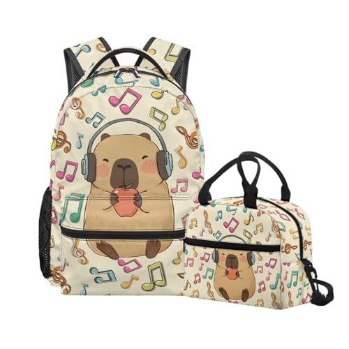 Dserfgiu Capybara Backpack Set with Lunch Box, Pencil Case, Water Bottle Holder and Bookmark - 17 Inch Stain-Resistant School Bag, Musical Note Backpack for 2 Grade Girls to Camp