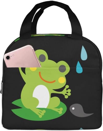 かえるとおたまじゃくしの親子 エコバッグ 折りたたみ 保冷保温 ランチバッグ かわいい 保冷バッグ ファスナー付き ブラック お弁当箱 軽量 コンパクト 保冷トートバッグ コンビニバッグ シンプル 男女兼用 通勤 通学