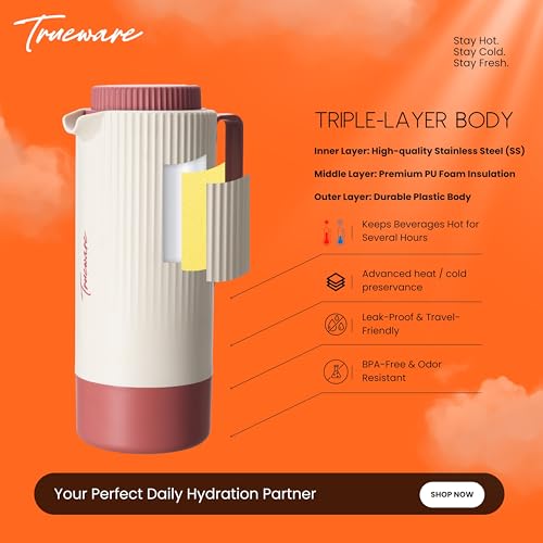 Image of Trueware Amaze ISI Certified Inner Steel Thermoware 1500 ML Hot & Cold Flask Jug, BPA Free, Leak Proof, Ideal for Tea, Coffee, Water, Hot and Cold Beverages