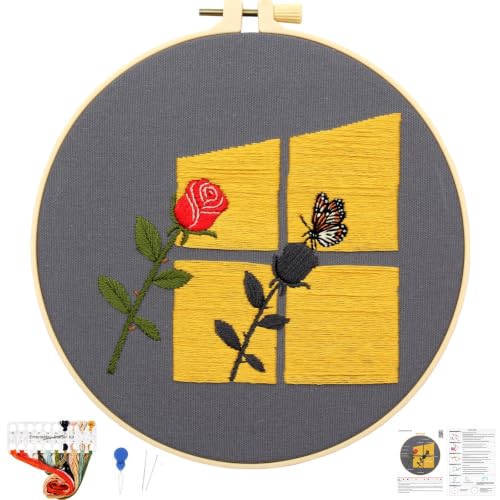 Image of Rose Embroidery Kits for Beginners Adults, Hand Embroidery Starters Kits, Floral Stamped Cross Stitch Kits Needlepoint Kits for Adults Anniversary Valentine's Day Gift, Embroidery Hoop, Video Tutorial