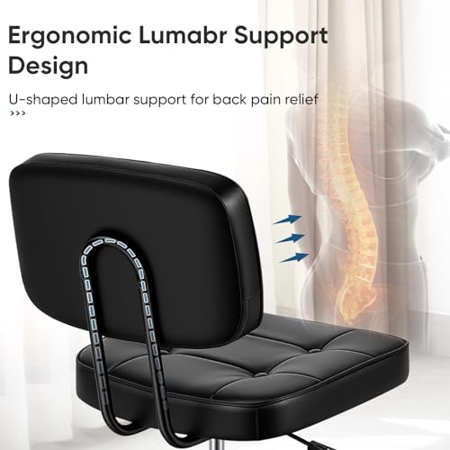 Image of DUMOS Home Office Desk Chair - Ergonomic Armless PU Leather Computer Rolling Task Chair,with Comfy Lumbar Support and Height Adjustable, Vanity, Bedroom, Living Room, Black