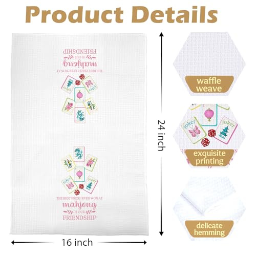 Image of Mahjong Chinoiserie Friendship Towel - Pink Mahjong Chinoiserie Friendship Decorative Waffle Dish Towels, Funny Hand Towel, Gifts Tea Towel for Kitchen, 16x24 Inch