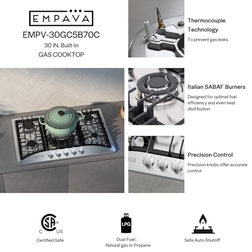 Empava EMPV-30GC5B70C 30 Inch Gas Cooktop With 5 World Class Made In Italy Sabaf Burners thumb #4