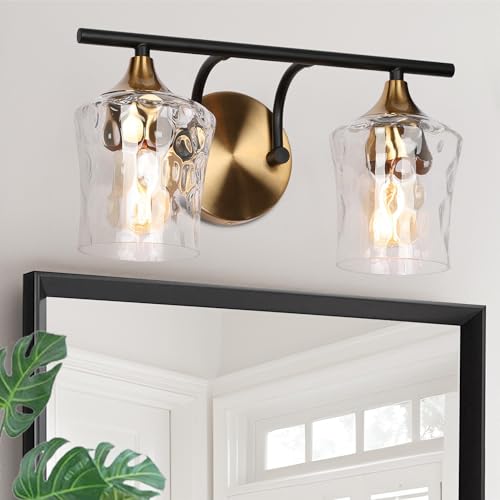 Image of KSANA Bathroom Vanity Lights, 2-Light Black and Electroplated Brass Vanity Light Over Mirror Mid-Century Modern Bathroom Light Fixtures with Textured Glass, 14 inch L x 6.7 inch W x 7.3 inch H