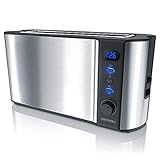 Der leistungsstarke 1000W Toaster hat nicht nur durch das moderne Edelstahl-Design optisch viel zu bieten. Das Gerät verfügt über sechs verschiedene Bräunungsstufen (Zwischenstufen frei wählbar) und einen besonders langen Schlitz, mit denen Sie bis zu zwei Scheiben Toast zeitgleich toasten können. Und die Brotscheibenzentrierung sorgt für eine gleichmäßige Bräunung beider Brotseiten.