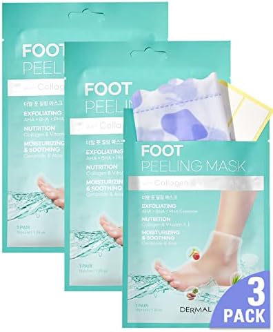 DERMAL KOREA Foot Peeling Mask 3 Pack For Dry Foot And Cracked Heel & Callus With Aloe Vera And Collagen - Exfoliating Peel Mask With Aha, Bha, & Pha And For Moisturizing, Soothing & Refreshing Feet