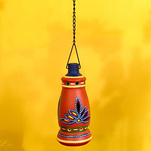 Image of AAKRITI ART CREATIONS Terracotta Red Handpainted Hanging Tea Light | Floral Art Handmade Decor | Matte Finish Terracotta Decorative Hanging Items for Home | Handpainted Decor