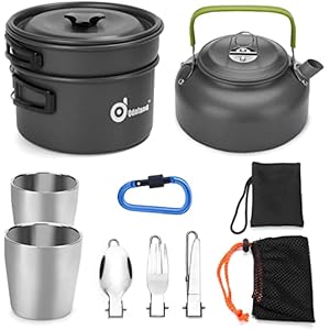 Odoland Camping servies set camping kookset incl. camping potten met 1,1 l camping theepot en beker, licht aluminium campingpannen set opvouwbaar kookgerei voor outdoor koken
