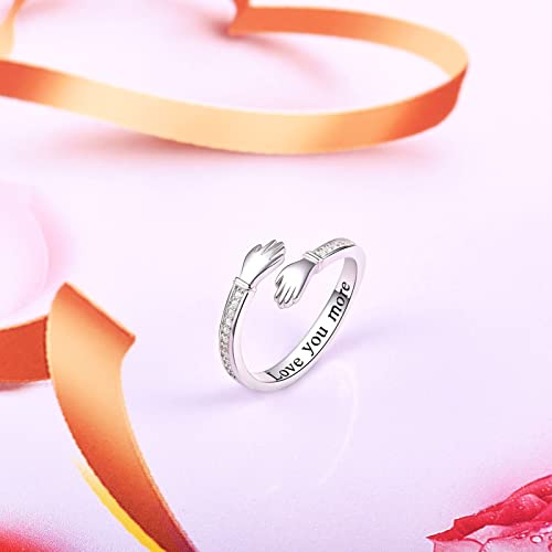 S925 Sterling Silver Hug Ring Love You More/Always My Mother Forever My Friend/I Love You Forever Adjustable Hug Rings for Women Silver Hugging Hand Jewelry Open Promise Ring Jewelry Hug Hands Rings Couples Wedding Bands2