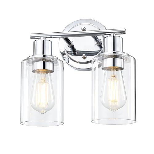Image of 2-Light Chrome Bathroom Vanity Light Fixture Over Mirror,Chrome Vanity Lights for Bathrooms,2 Bulb Bathroom Wall Light Over Sink