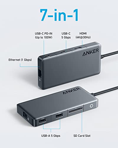 Image of Anker 341 USB-C Hub (7-in-1, 4K HDMI Display) with 3 5Gbps USB-C and USB-A Data Ports, Max 100W Power Delivery, Ethernet for Lenovo, Dell XPS, HP Laptops, MacBook, Ipad, and More
