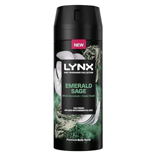 Lynx Fine Fragrance Collection Emerald Sage Premium Deodorant Body Spray Antiperspirant for 72 hours of freshness, infused with sage, cedar & patchouli essential oils 150 ml