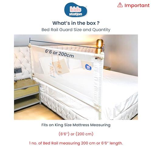 Image of Kids Station 1 Side Premium Bed Rail Guard (6.6ft x 2.6ft / 200cm x 80cm), Bed Railing for Baby Safety, Kids Toddler Bed Protector Side Walls, Adjustable Height, Portable & Foldable (White)
