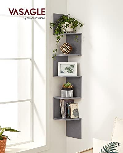 VASAGLE Corner Shelf, 5-Tier Floating Wall Shelf with Zigzag Design, Bookshelf, Grey LBC020T49