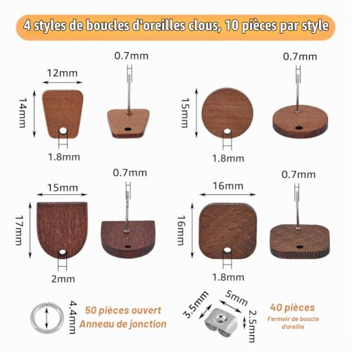 DICOSMETIC 40 pièce 4 styles de Boucles D'Oreilles à Tige en Bois Marron Noix de Coco Boucles D'Oreilles Plates en Bois avec Anneaux Ouverts pour la Fabrication de Bijoux, Trou: 1.8-2mm – vue 2