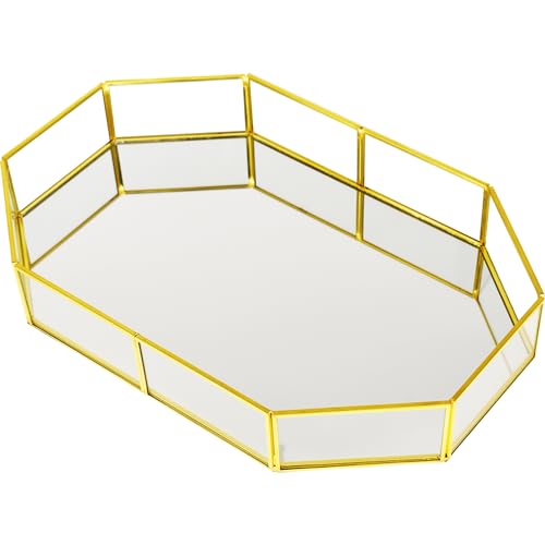 HomDSim Octagon Vintage Gold Mirror Glass Vanity Tray,Ornate Geometric and Brass Plated Display Storage Organizer for Makeup Brushes/Lipstick/Skincare/Perfumes/Beauty Room/Bathroom Accessories
