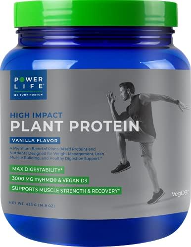 POWERLIFE Tony Horton High Impact Plant Protein Powder with 3000 MG of HMB, Plant-Based, No Sugar Added, Vegan, Keto Friendly, Non-GMO (Vanilla)