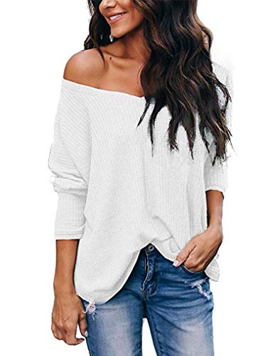 Womens Sexy Off The Shoulder V Neck Tops Waffle Knit Long Sleeve Blouses White S