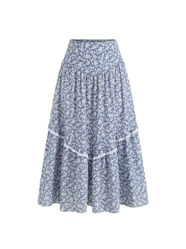 CIDER Skirts for Women Floral Printed Maxi Skirt Bohemian Flowy Mid Waist Ruffle Long Skirt Pull On Closure