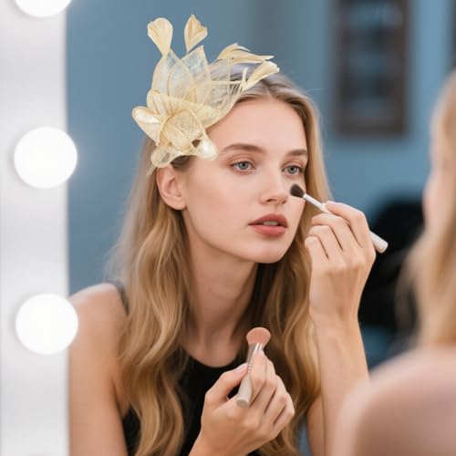 Fascinator para mulheres, requintado e elegante, chapéu fascinador de linho dourado usado por faixa