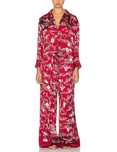 Image of Yimoon Satin Pajama Set for Women Silk Pajamas Set 2 Piece Floral Cute Pj Set Long Sleeve Pjs Sleepwear