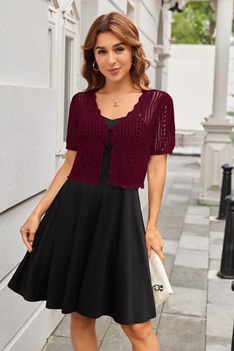 Image of Kate Kasin Women Crochet Shrug Knit Sweater, Short Sleeve Cropped Cardigan | Tie Front Tops Light Weight, Knit Cover Up Arm Bolero For Evening Dresses Dressy Casual, Ladies Eyelet Shawl Thin Formal