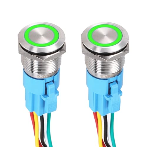 DMiotech 2Pcs 19mm / 3/4 Push Button Switch, IP65 1NO1NC 12-24V 5A Momentary Latching Push Button Starter Light Switch Self-reset with Green Round, Stainless Steel Flat Head Silver
