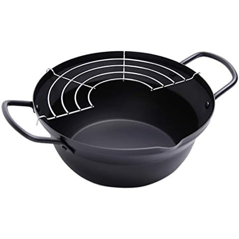 Facibom 24cm Easy Pour Non Stick Coating Tempura Fryer Pot with Oil Drip Drainer Rack Made in Japan Deep Fry Pan Cover