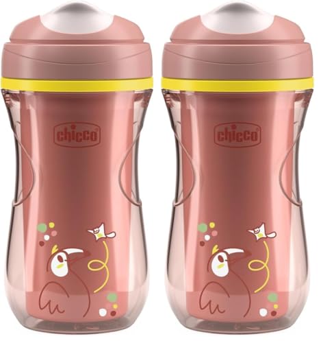 Chicco Vaso Active, Vaso de plástico para niños 266 ml, Vaso para niños 14+ meses para aprender a beber, Térmico con boquilla ergonómica antimordeduras y válvula Easy Sip, 0% BPA, Rosa (Paquete de 2)